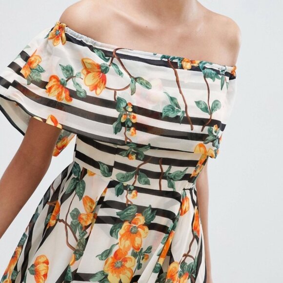 NWT ASOS Bandeau Midi Dress White Black Stripe Orange Floral Off Shoulder Size 4 - Picture 2 of 13